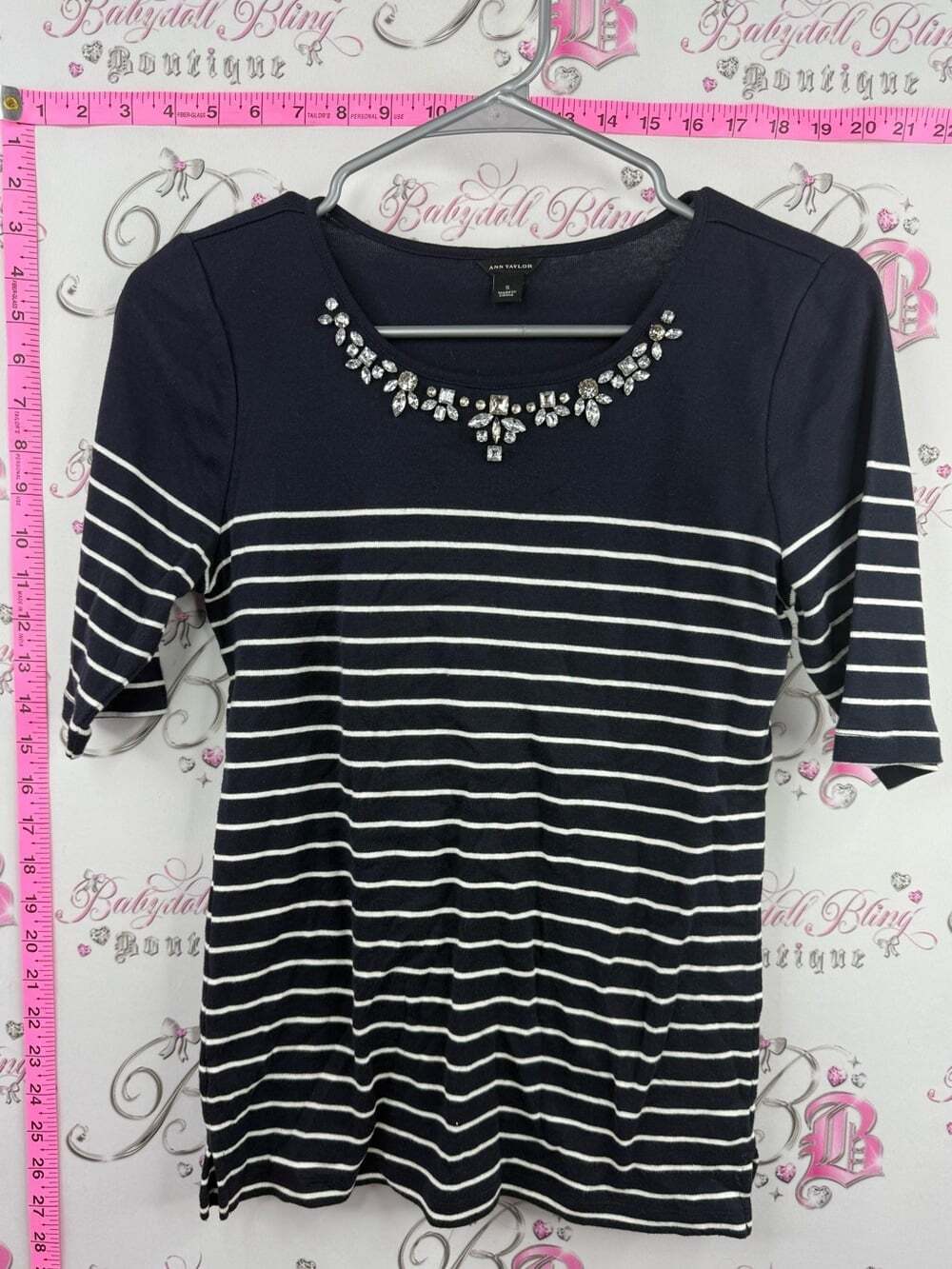 Ann Taylor Navy and White Striped Jeweled Neck Top